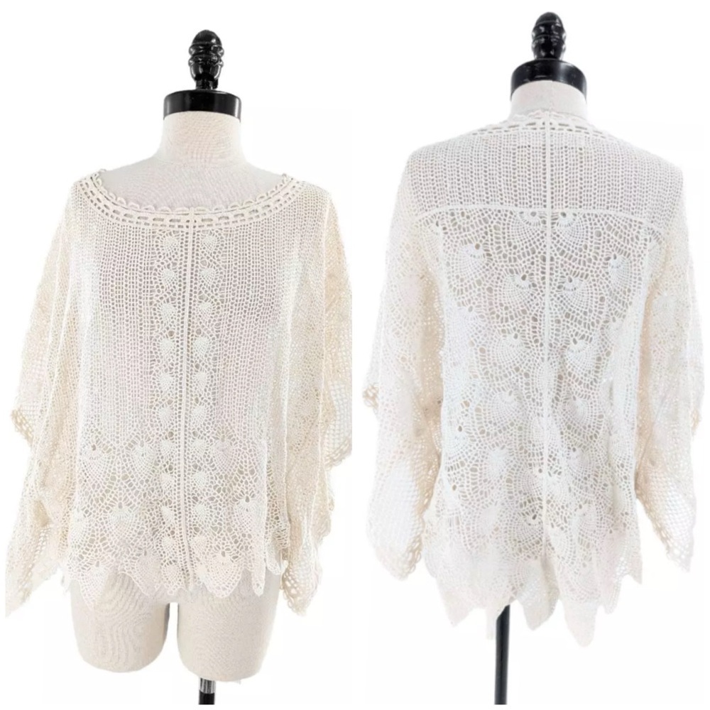 Anthropologie Sparrow Women Cream
Batwing Sleeve Crochet Lace Cotton Poncho